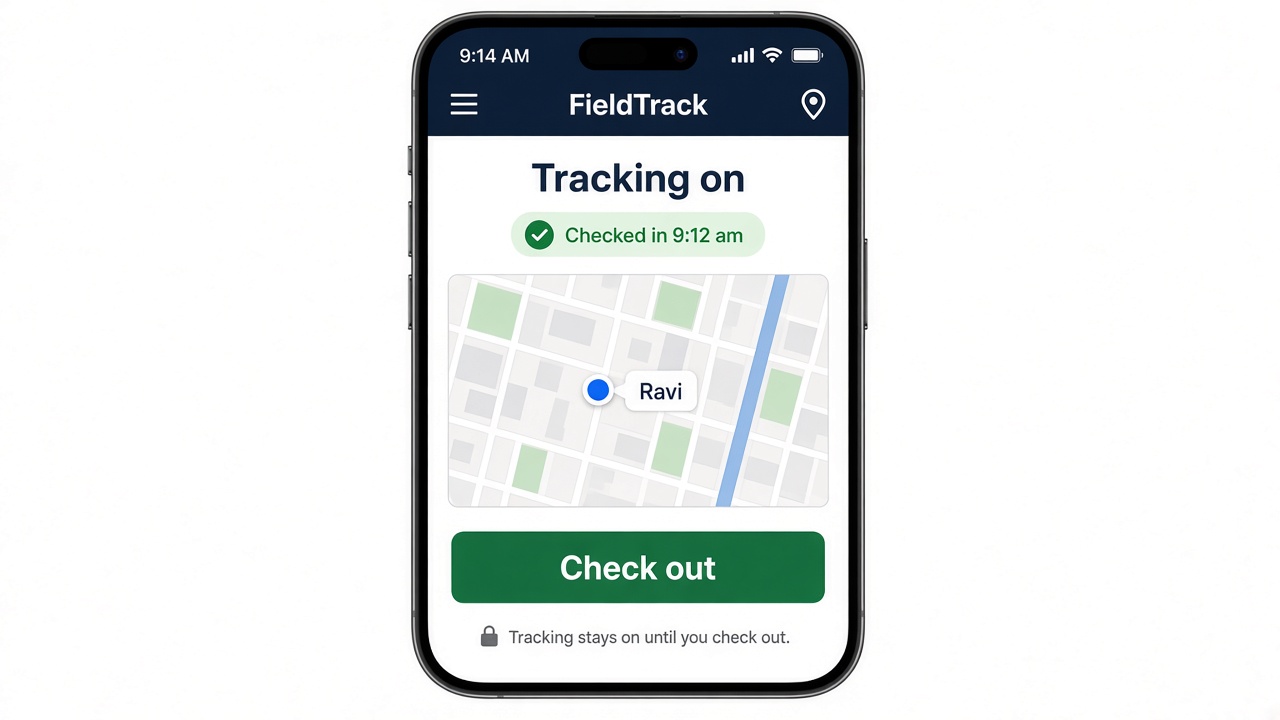 FieldTrack session with tracking on and a check-out button