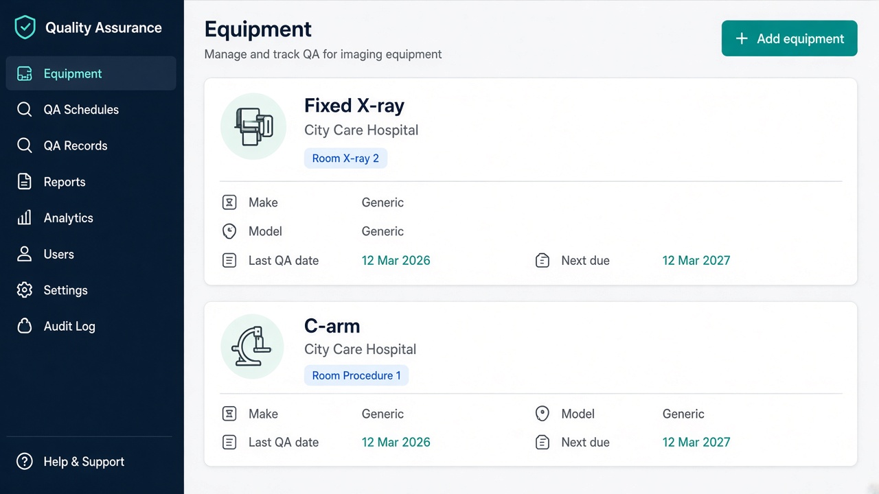 Equipment list with a fixed X-ray and its next QA date