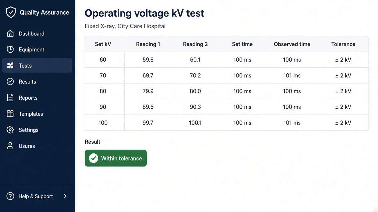 Operating voltage kV test recorded against an X-ray machine