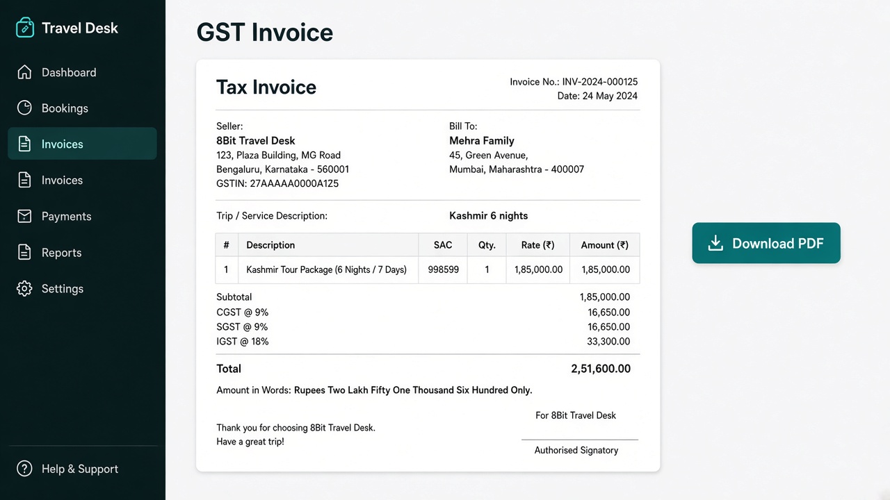 GST invoice PDF from TravelCRM